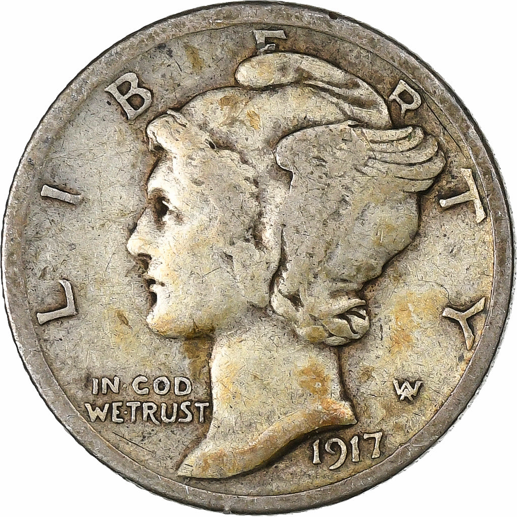 Stati Uniti, Dime, Mercury Dime, 1917, San Francisco, Argento, MB+, KM:140