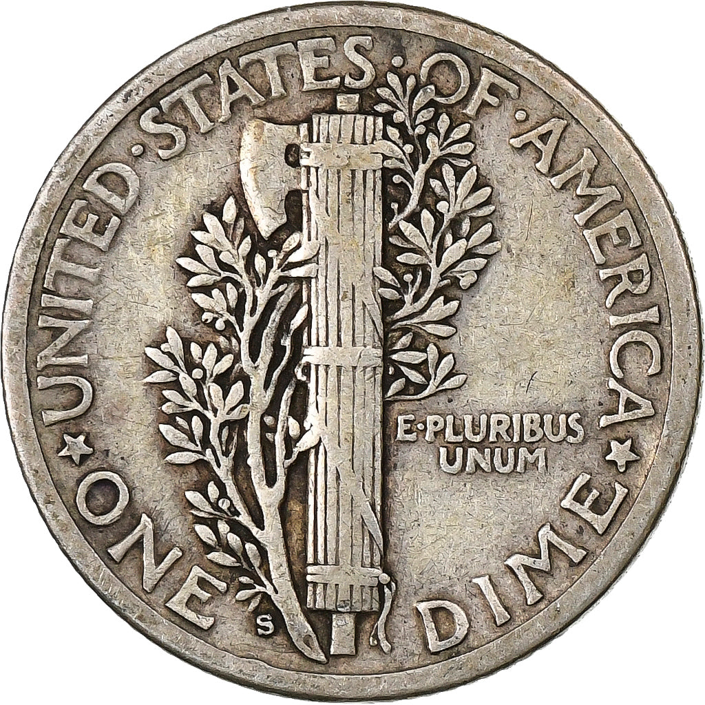 Stati Uniti, Dime, Mercury Dime, 1917, San Francisco, Argento, MB+, KM:140