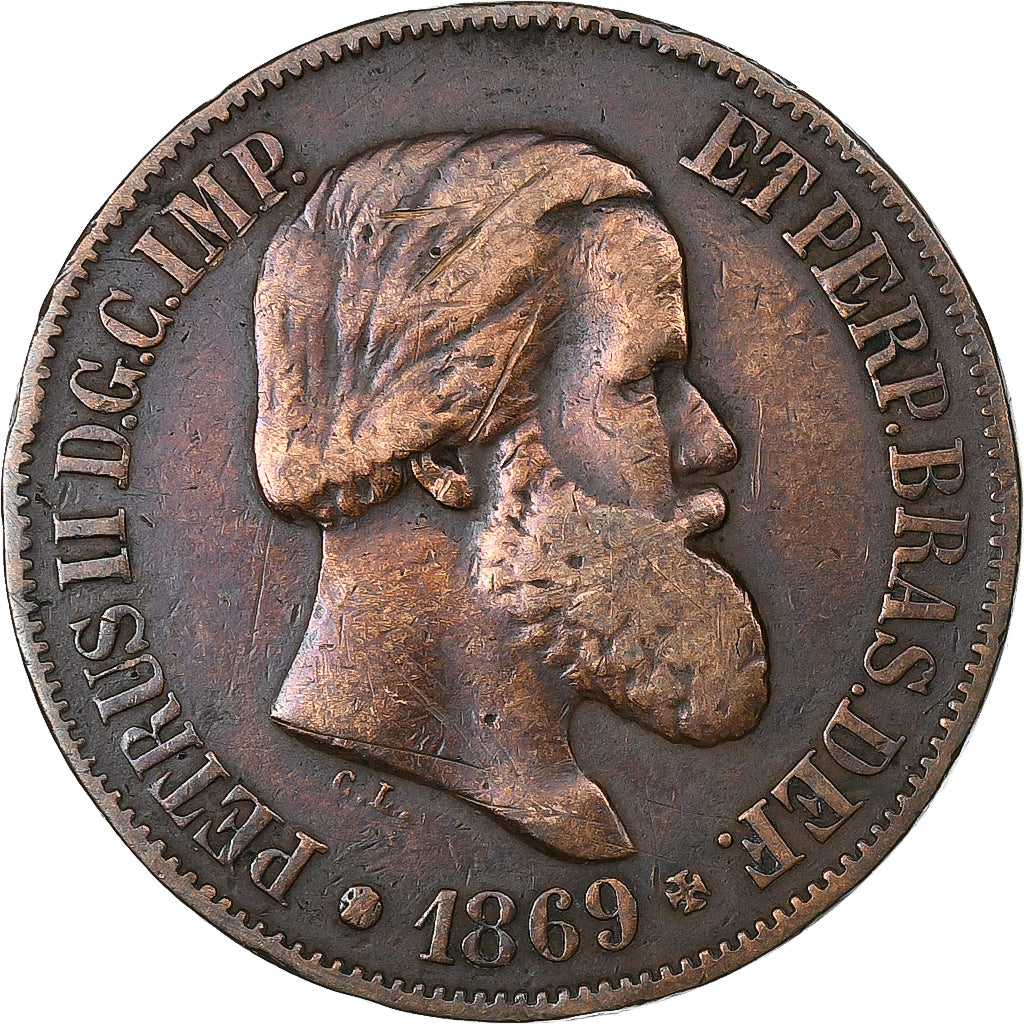 Brasile, Pedro II, 20 Reis, 1869, Rio de Janeiro, Bronzo, MB, KM:474