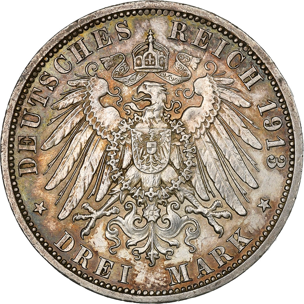 German States, PRUSSIA, Wilhelm II, 3 Mark, 1913, Berlin, Silver, EF(40-45)