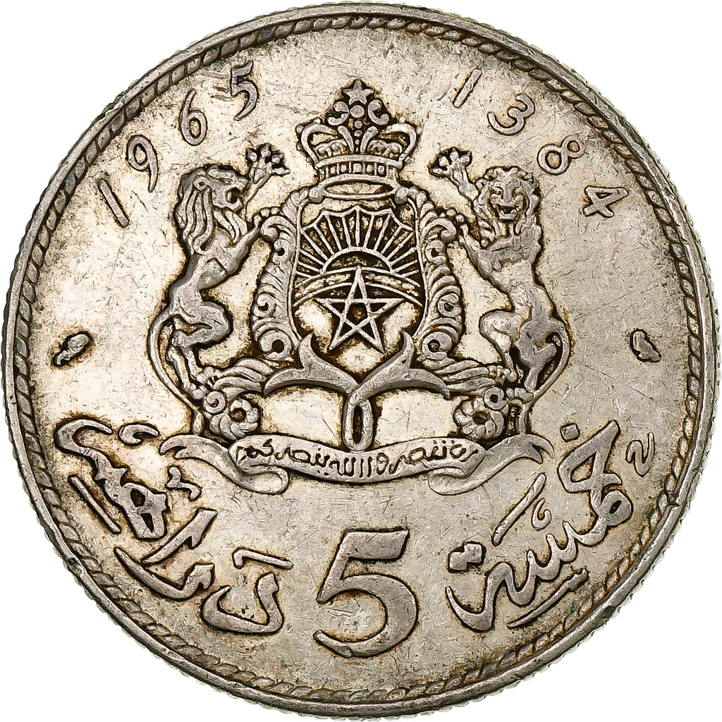 Marocco, al-Hassan II, 5 Dirhams, 1965, Paris, Argento, MB, KM:57