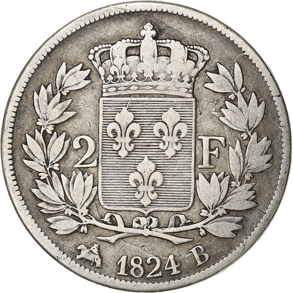 France, Louis XVIII, 2 Francs, Louis XVIII, 1824, Rouen, Silver, VF(20-25)