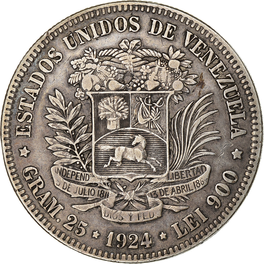 Venezuela, Gram 25, 5 Bolivares, 1924, Philadelphia, Argento, BB, KM:24.2