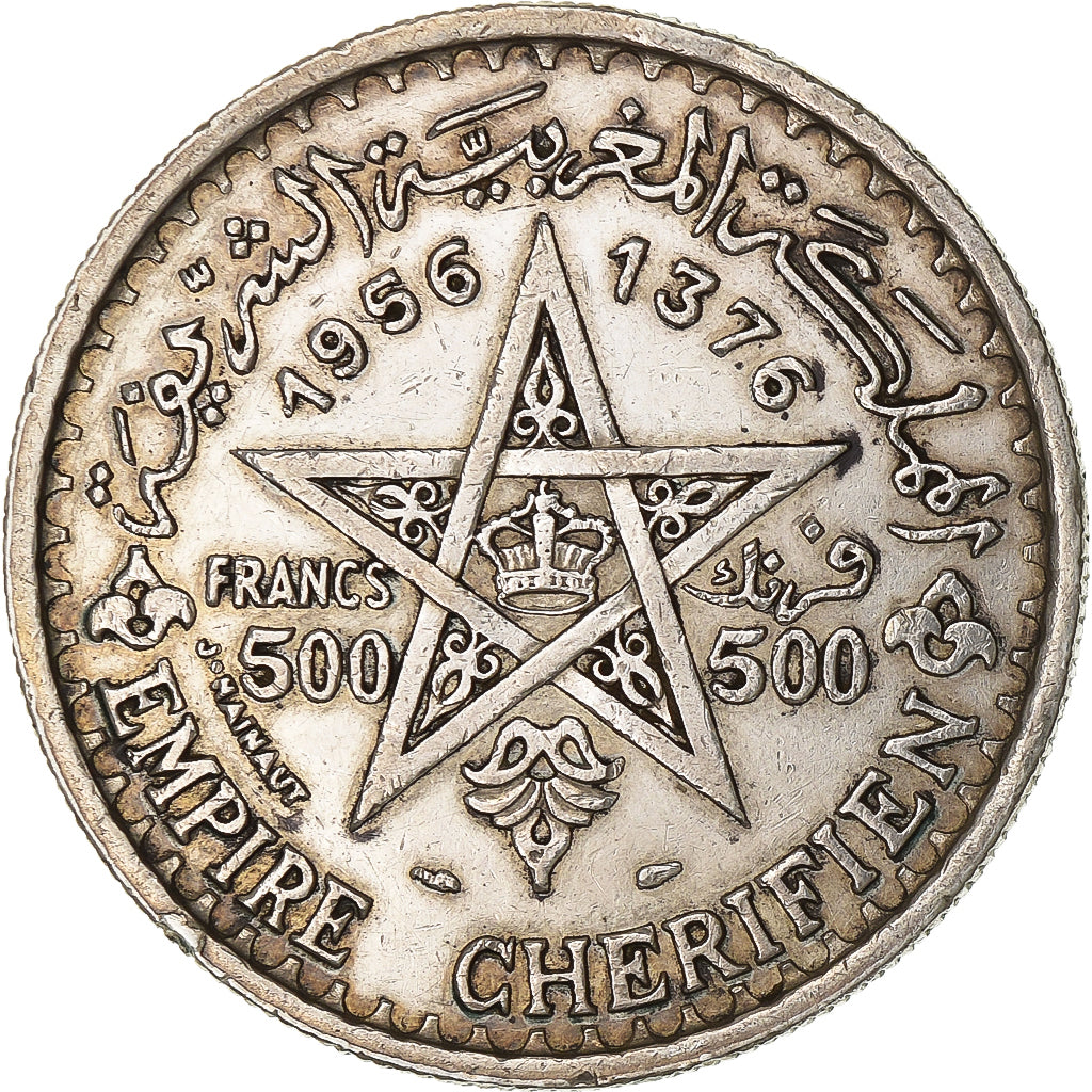 Morocco, Mohammed V, 500 Francs, 1956, Paris, Silver, EF(40-45), KM:54