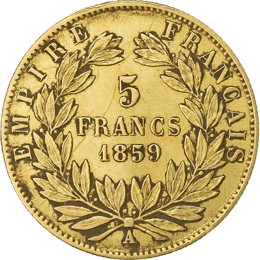 Francia, Napoleon III, 5 Francs, Napoléon III, 1859, Paris, Oro, BB, KM:787.1