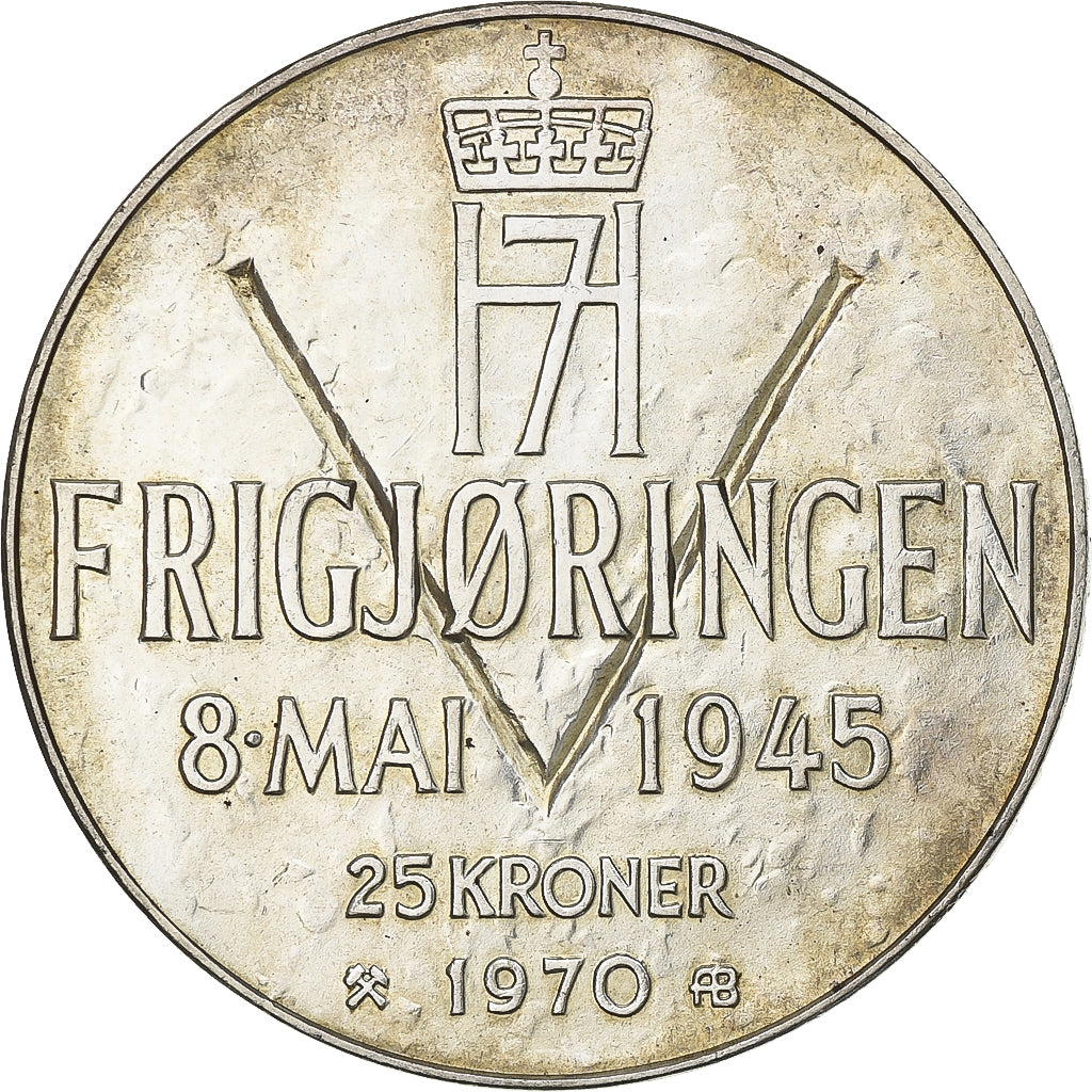 Norway, Olav V, 25 Kroner, 1970, Silver, AU(50-53), KM:414