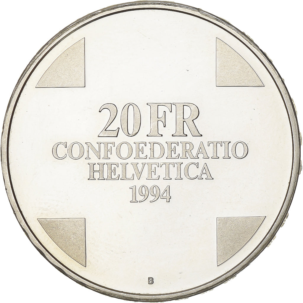 Suíça, 20 Francs, 1994, Bern, Prata, MS(60-62), KM:74