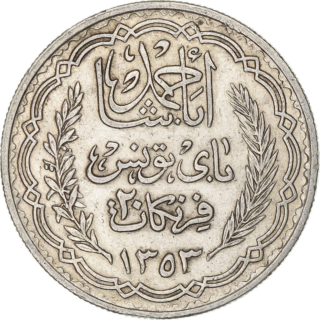 Tunisia, Ahmad Pasha Bey, 20 Francs, AH 1353/1934, Paris, Argento, BB+, KM:263