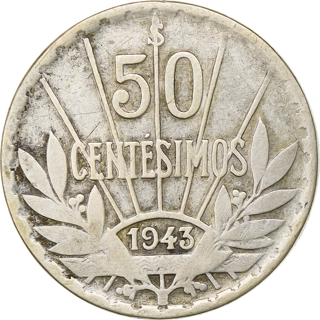 Uruguay, 50 Centesimos, 1943, Santiago, Silver, VF(30-35), KM:31