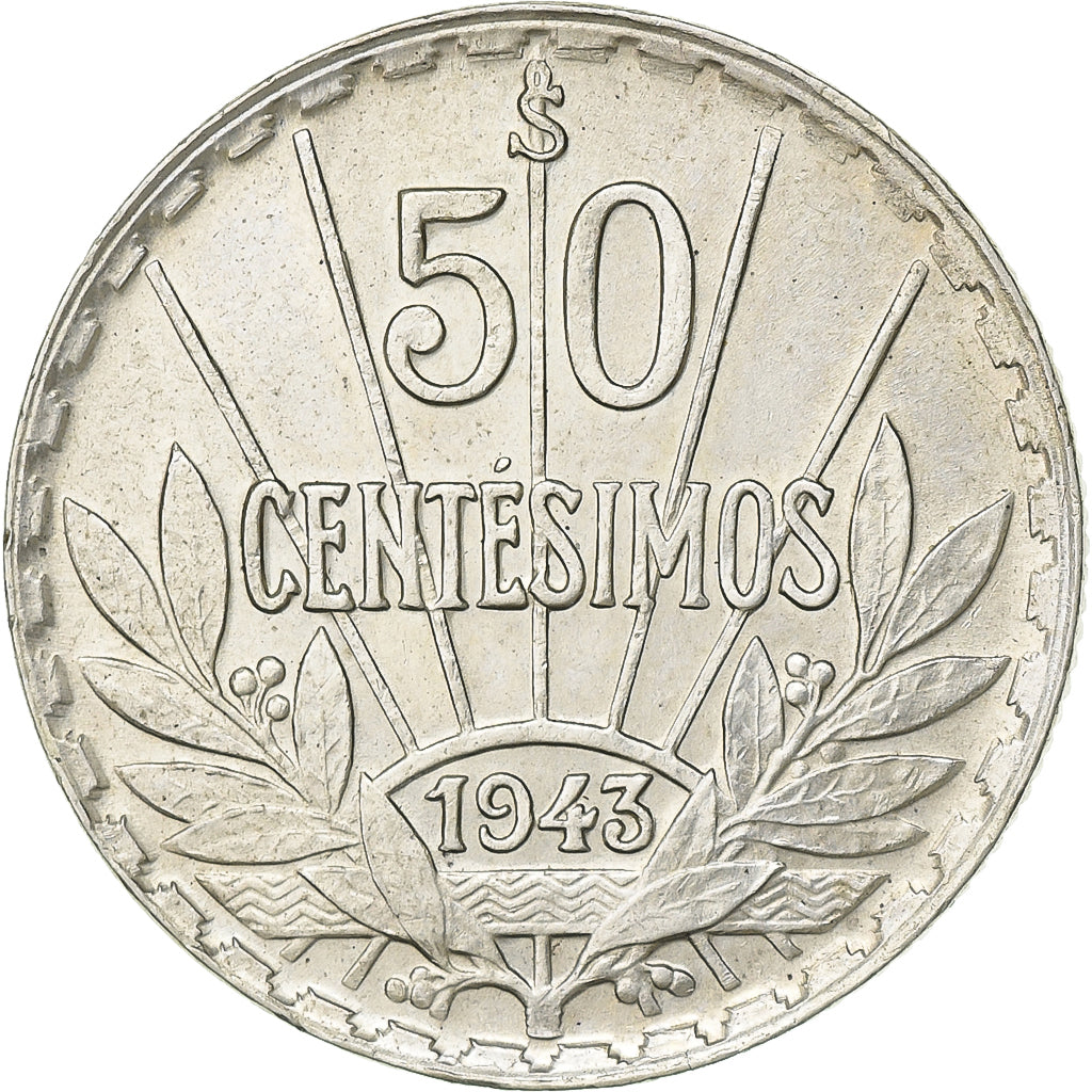 Uruguay, 50 Centesimos, 1943, Santiago, Silver, AU(50-53), KM:31