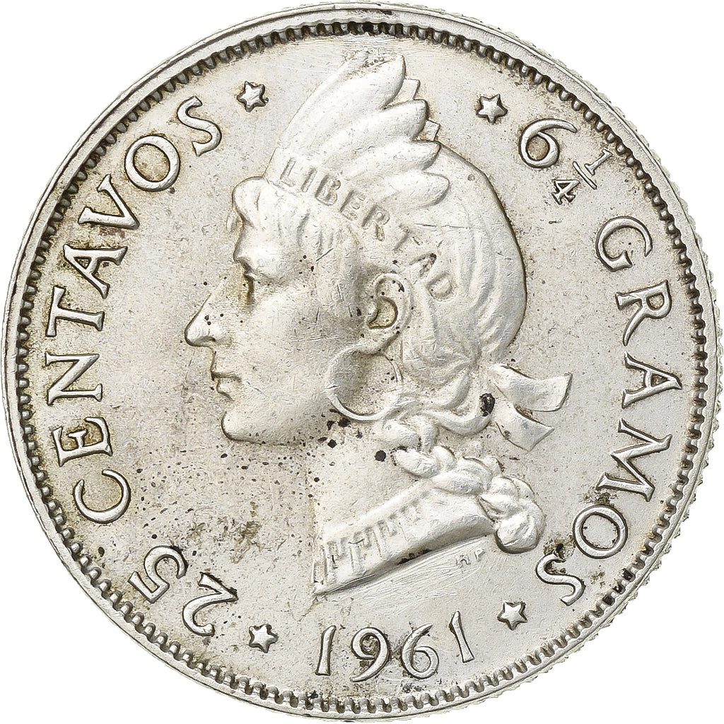 Dominican Republic, 25 Centavos, 1961, Bern, Silver, EF(40-45), KM:20