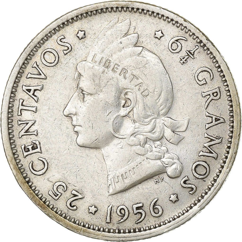 Dominican Republic, 25 Centavos, 1956, Philadelphia, Silver, EF(40-45), KM:20