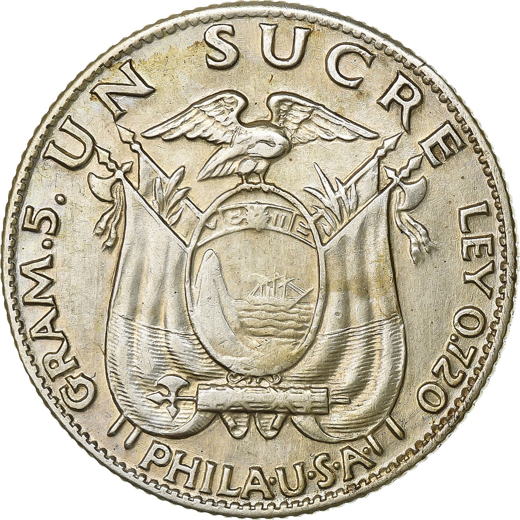 Ecuador, Sucre, Un, 1934, Philadelphia, Silver, EF(40-45), KM:72