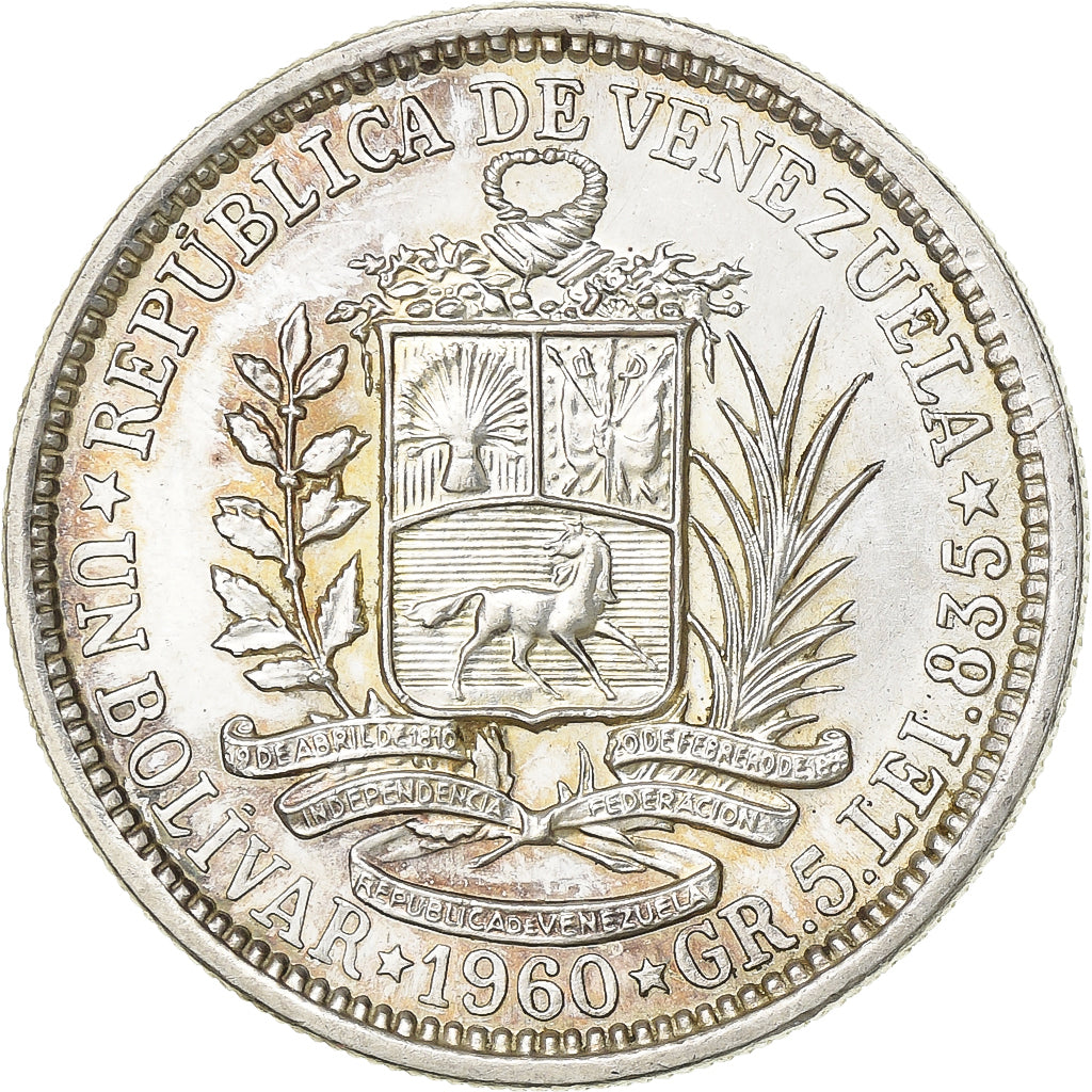 Venezuela, Bolivar, 1960, Paris, Silver, AU(55-58), KM:37a
