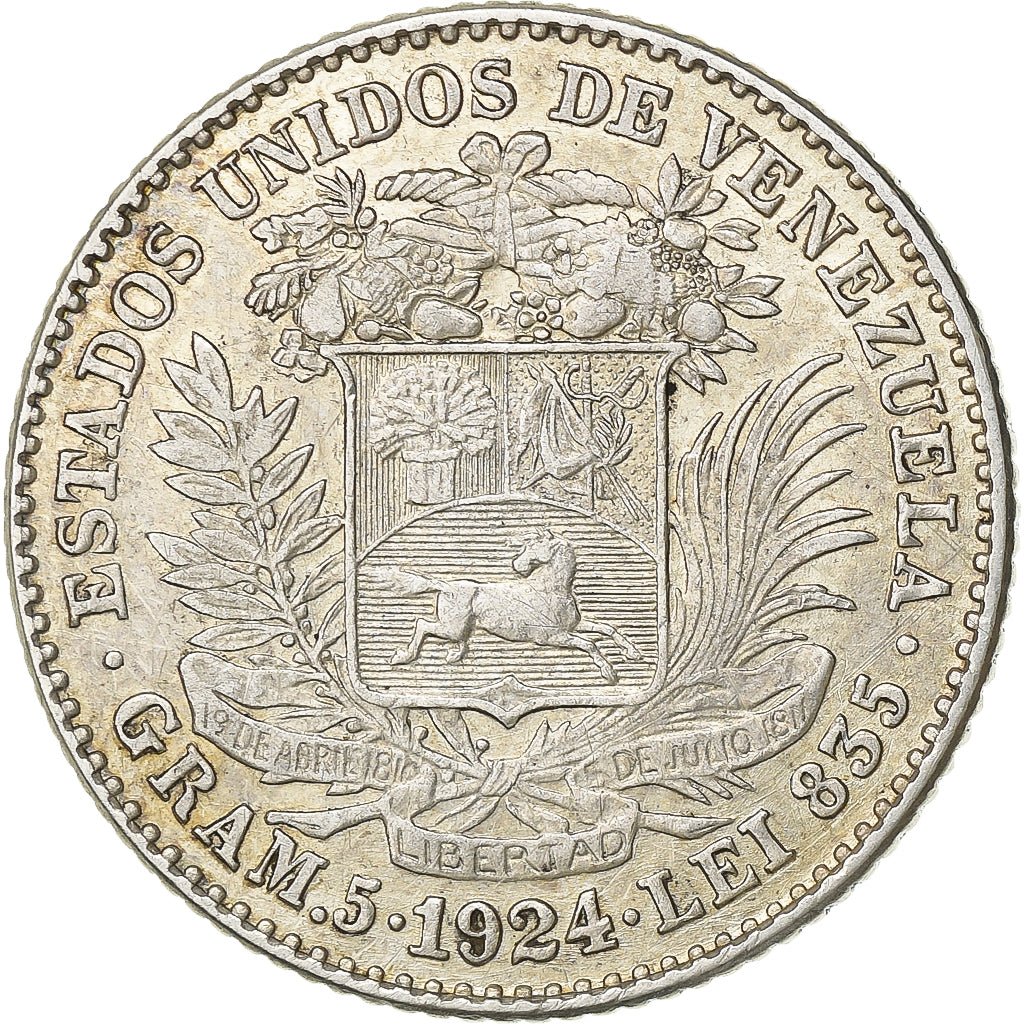 Venezuela, Gram 5, Bolivar, 1924, Paris, Silver, AU(50-53), KM:22