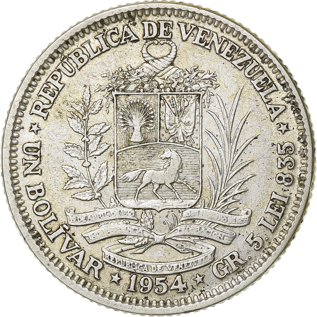 Venezuela, Bolivar, 1954, Philadelphia, Silver, EF(40-45), KM:37