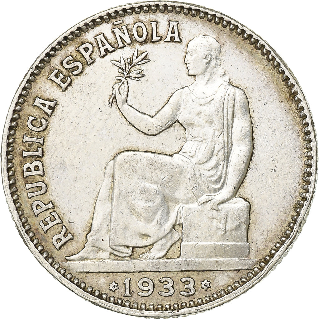 Espanha, Peseta, 1933, Madrid, Prata, AU(55-58), KM:750