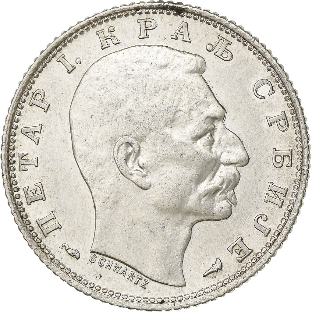 Peter I, Dinar, 1915, Paris, Silver, AU(50-53), KM:25.3