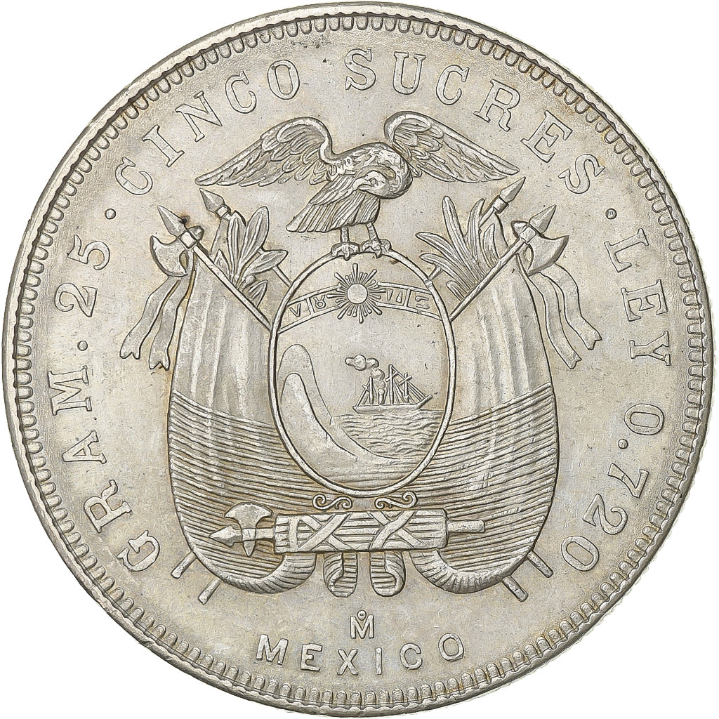 Ecuador, 5 Sucres, Cinco, 1944, Mexico City, Silver, AU(55-58), KM:79