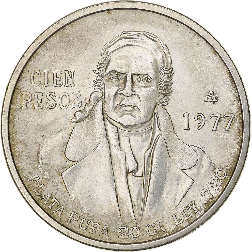 México, 100 Pesos, 1977, Mexico City, Prata, AU(50-53), KM:483.2
