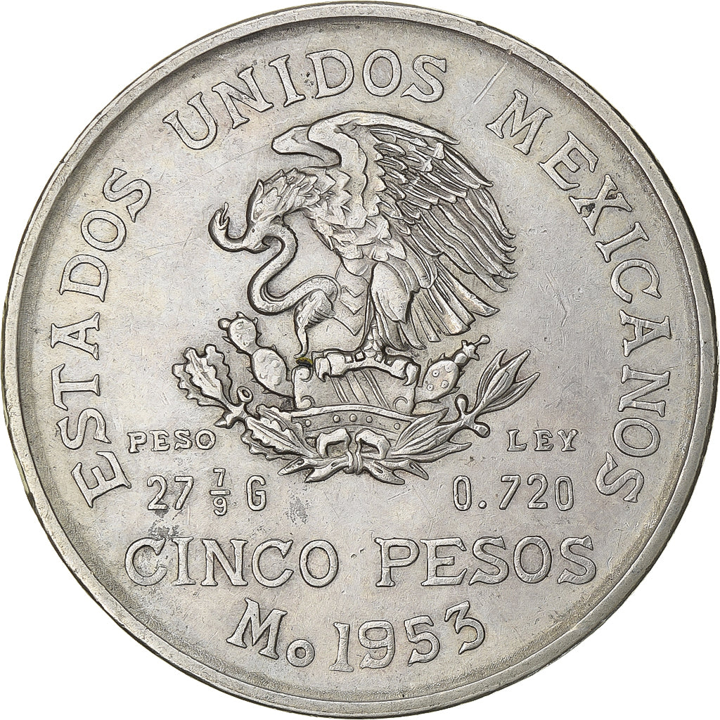 México, 5 Pesos, 1953, Mexico City, Prata, EF(40-45), KM:468