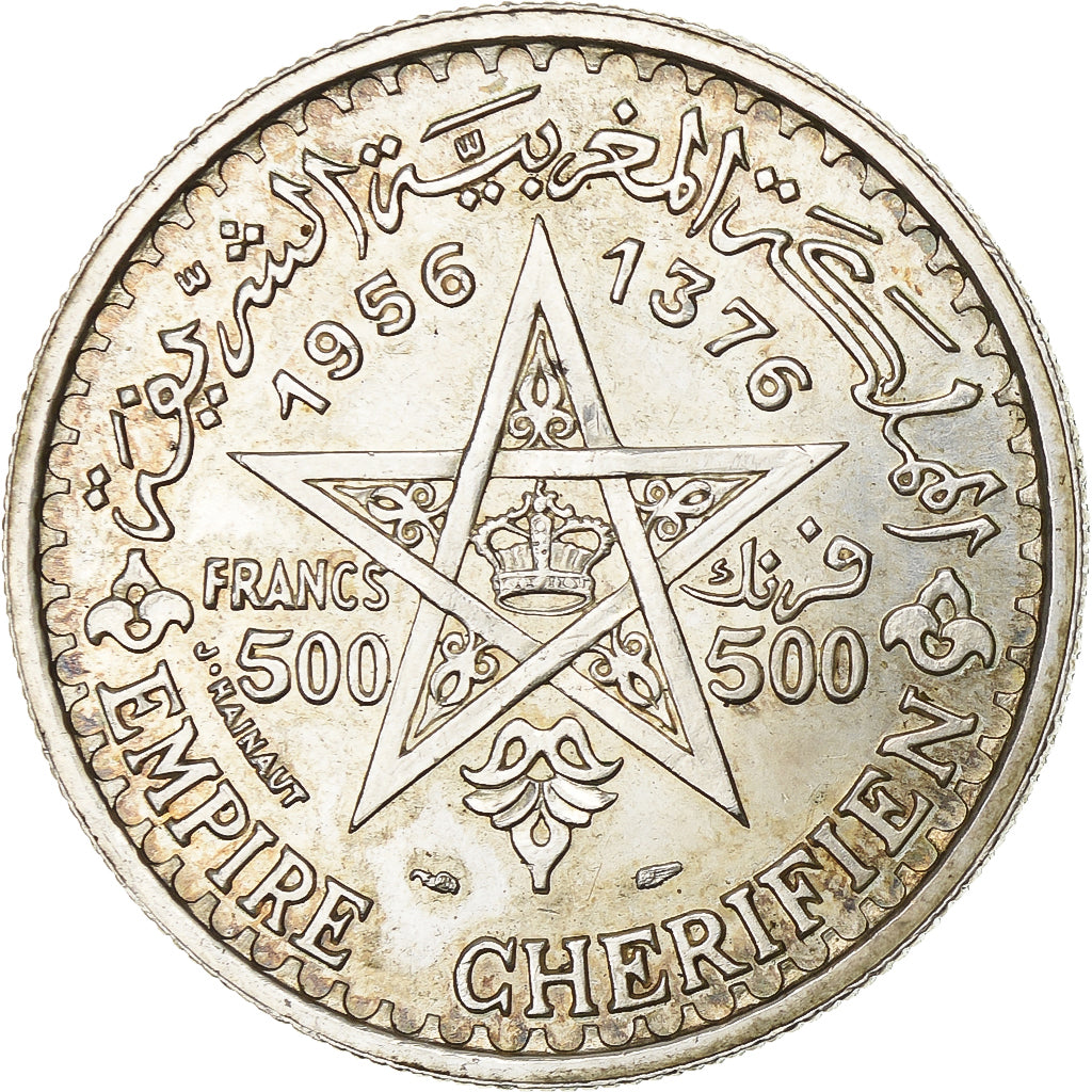 Marocco, Mohammed V, 500 Francs, 1956/AH1376, Paris, Argento, BB, KM:54