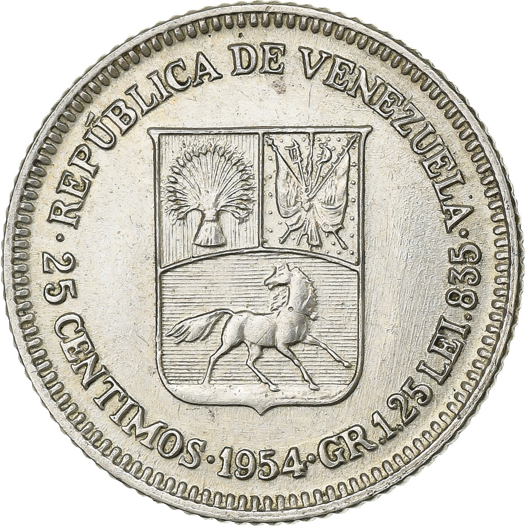 Venezuela, 25 Centimos, 1954, Silver, AU(50-53), KM:35
