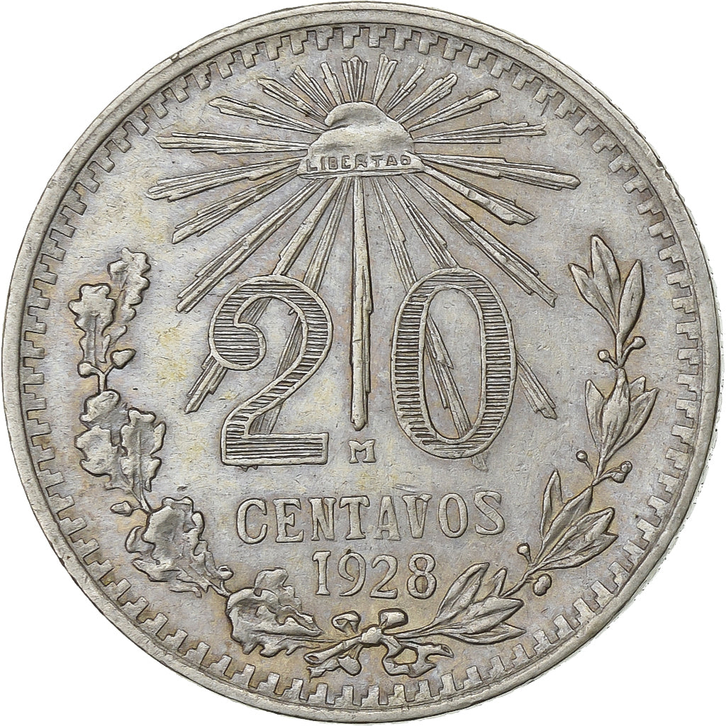 Mexico, 20 Centavos, 1928, Mexico City, Srebro, AU(55-58), KM:438