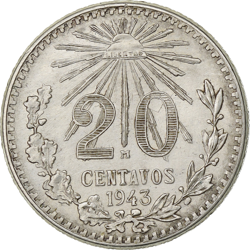 México, 20 Centavos, 1943, Mexico City, Prata, AU(50-53), KM:438