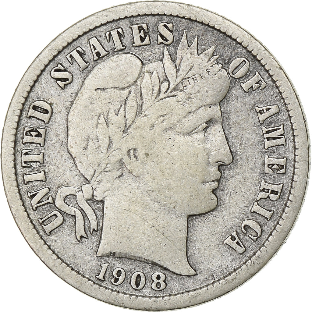 États-Unis, Dime, Barber Dime, 1908, Denver, Argent, TB+, KM:113