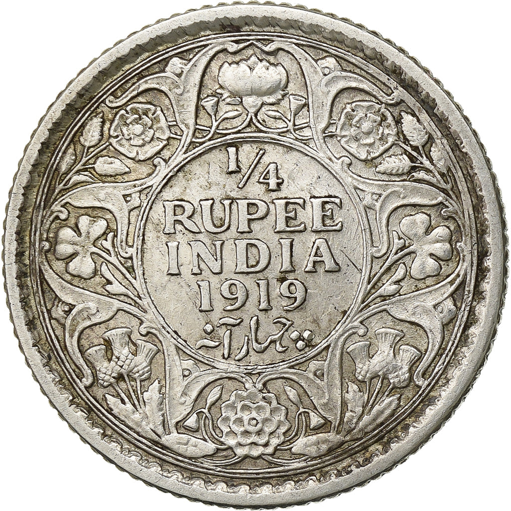 India, George V, 1/4 Rupee, 1919, Calcutta, Srebro, EF(40-45), KM:518
