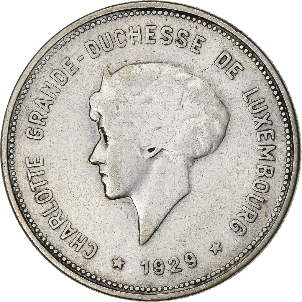 Luxemburgo, Charlotte, 5 Francs, 1929, Stuttgart, Plata, MBC, KM:38