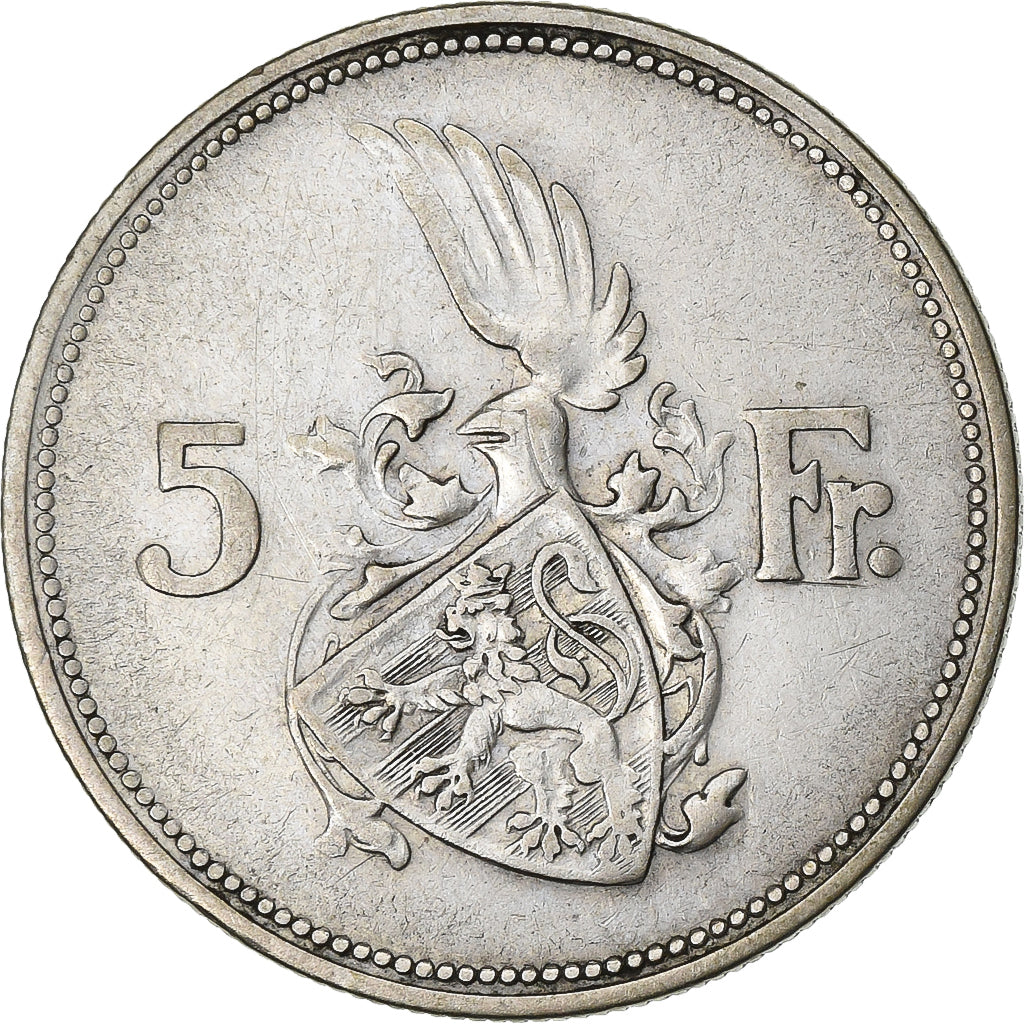 Luxemburgo, Charlotte, 5 Francs, 1929, Stuttgart, Plata, MBC, KM:38