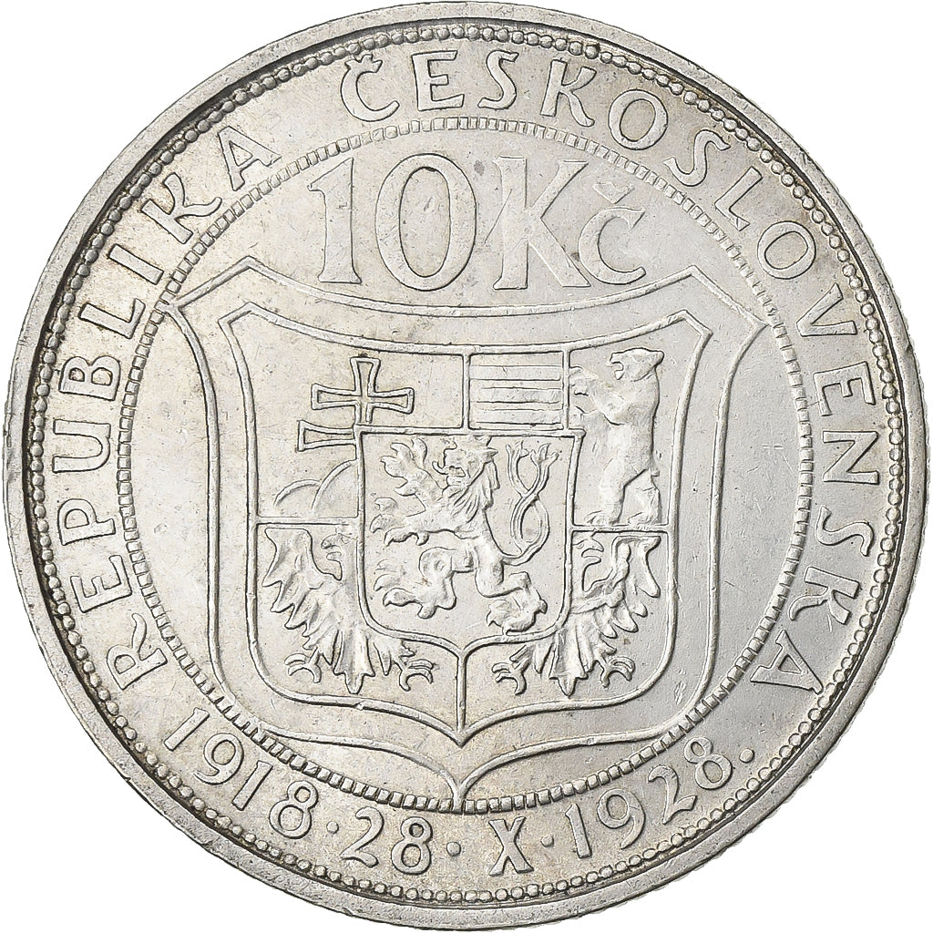 Checoslovaquia, 10 Korun, 1928, Plata, MBC, KM:12