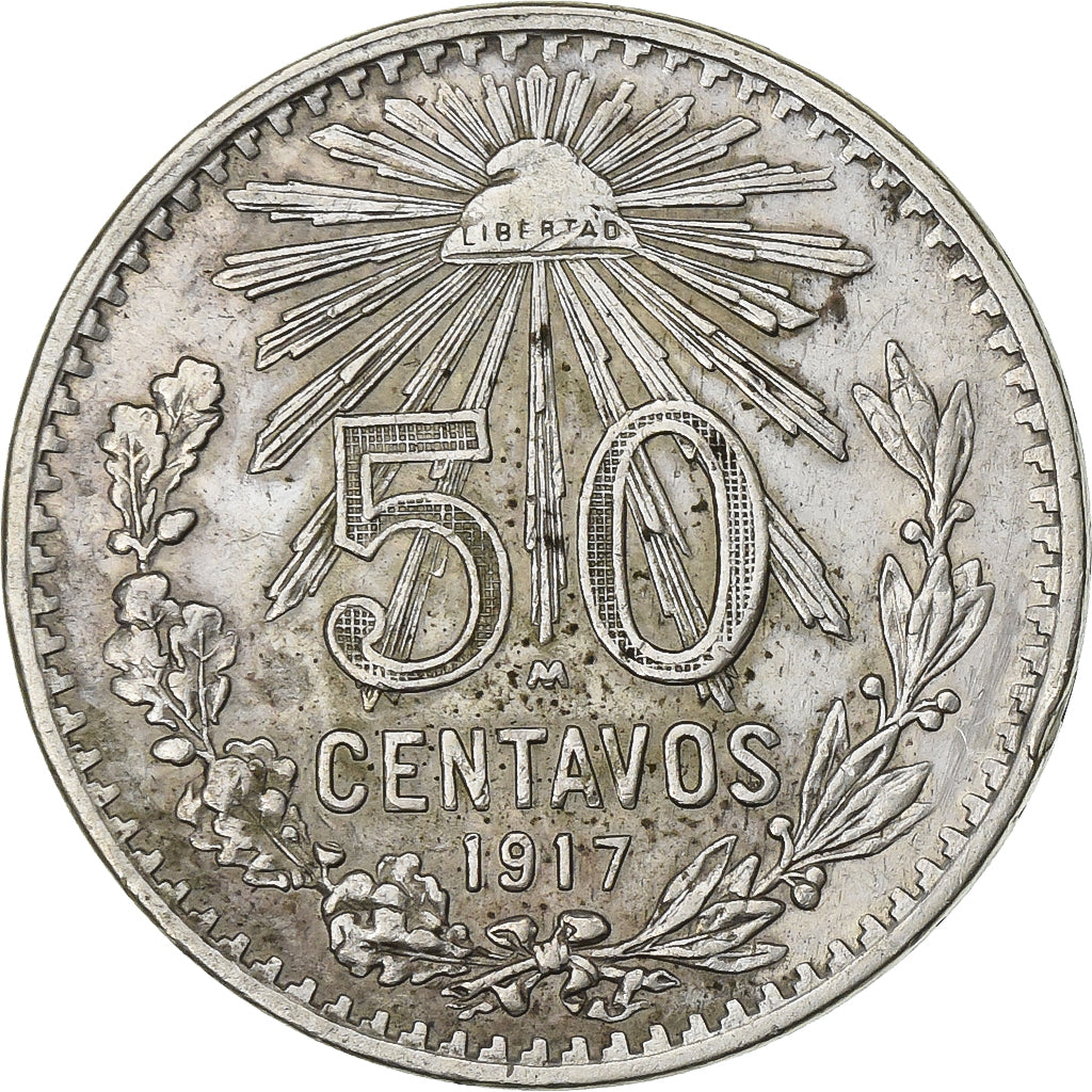Mexico, 50 Centavos, 1917, Mexico City, Silver, AU(50-53), KM:445