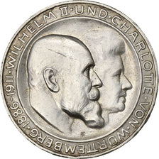 Germany, WURTTEMBERG, Wilhelm II, 3 Mark, 1911, Freudenstadt, Silver, EF(40-45)