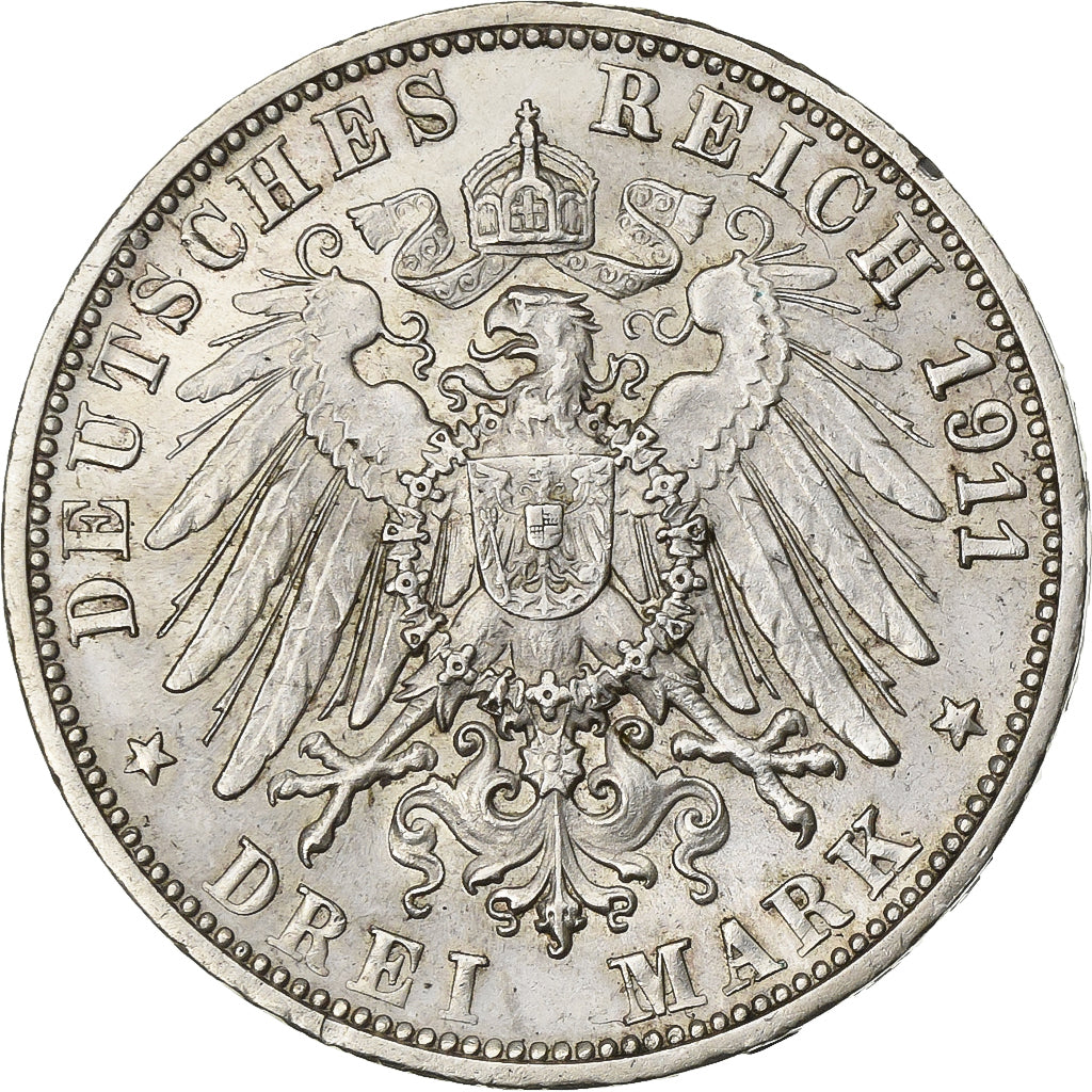 Germany, WURTTEMBERG, Wilhelm II, 3 Mark, 1911, Freudenstadt, Silver, EF(40-45)