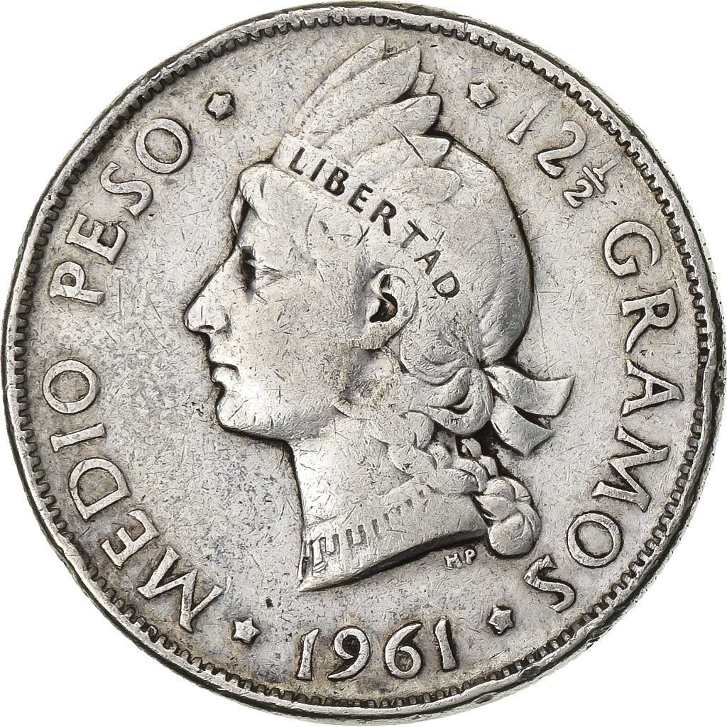 Dominican Republic, 1/2 Peso, 1961, Silver, VF(30-35), KM:21