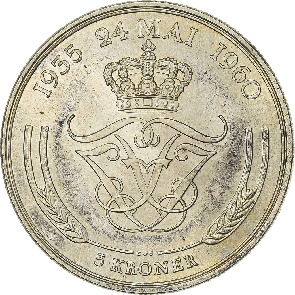 Denmark, Frederik IX, 5 Kroner, 1960, Copenhagen, Silver, AU(50-53), KM:852