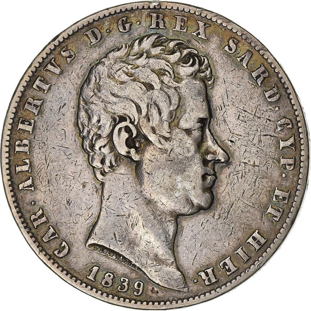Kingdom of Sardinia, SARDINIA, Carlo Alberto, 5 Lire, 1839, Torino, Silver