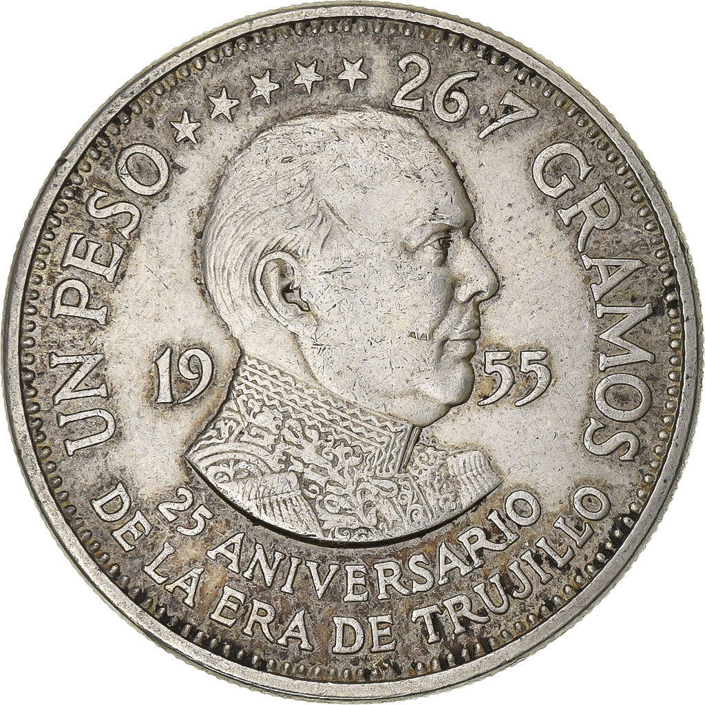 Dominican Republic, Peso, 1955, Philadelphia, Silver, AU(50-53), KM:23