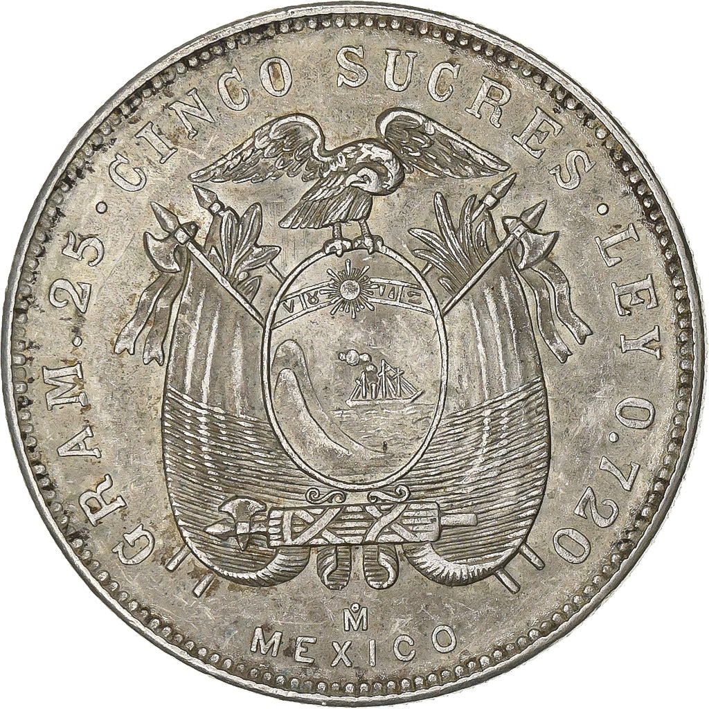 Ecuador, 5 Sucres, Cinco, 1944, Mexico City, Silver, AU(55-58), KM:79
