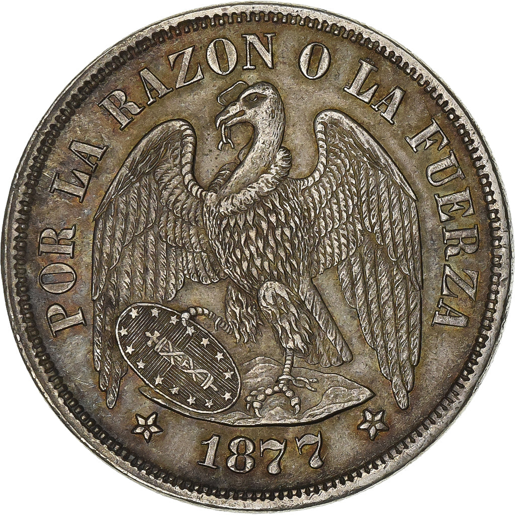 Chile, Peso, 1877, Santiago, Silver, AU(55-58), KM:142.1