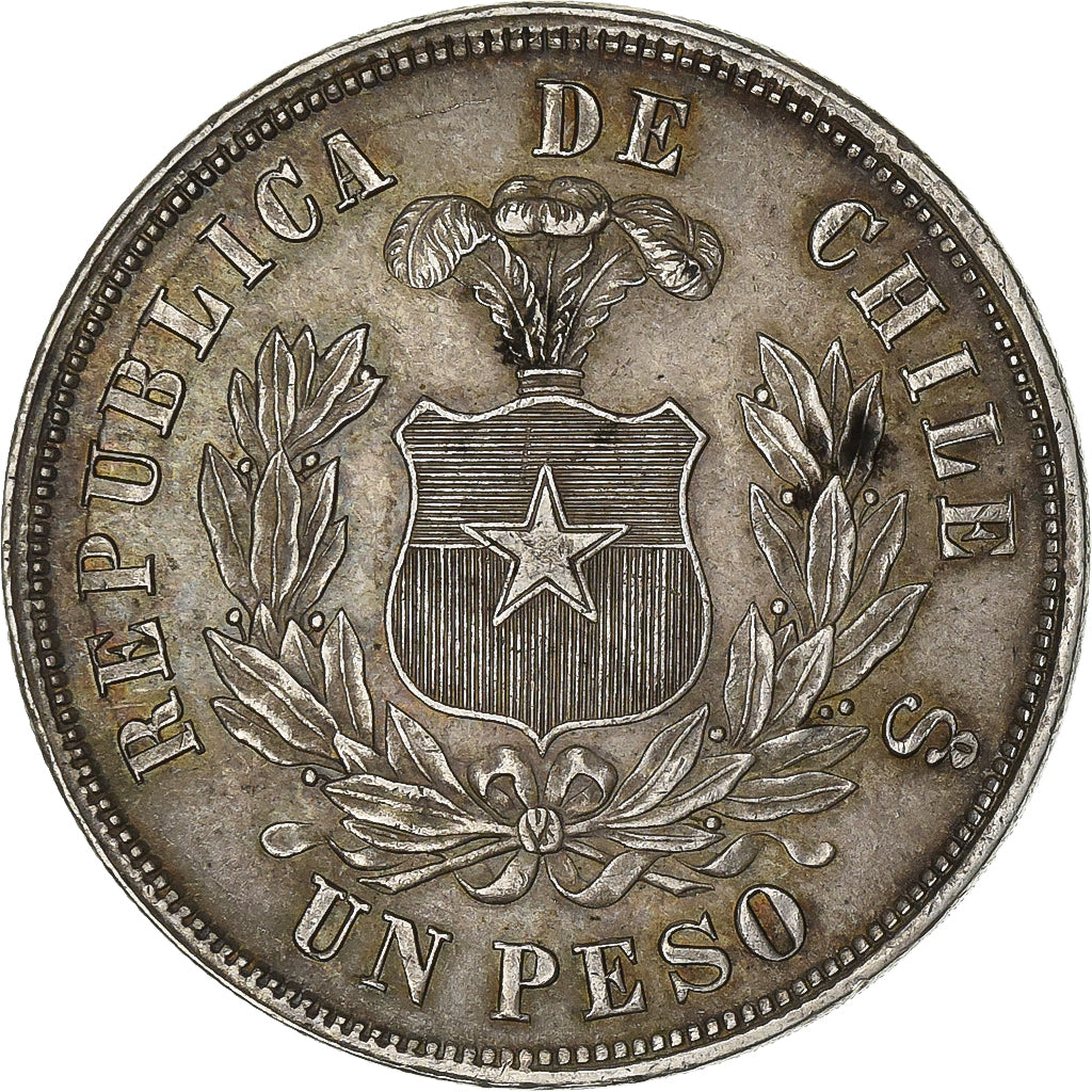 Chile, Peso, 1877, Santiago, Silver, AU(55-58), KM:142.1