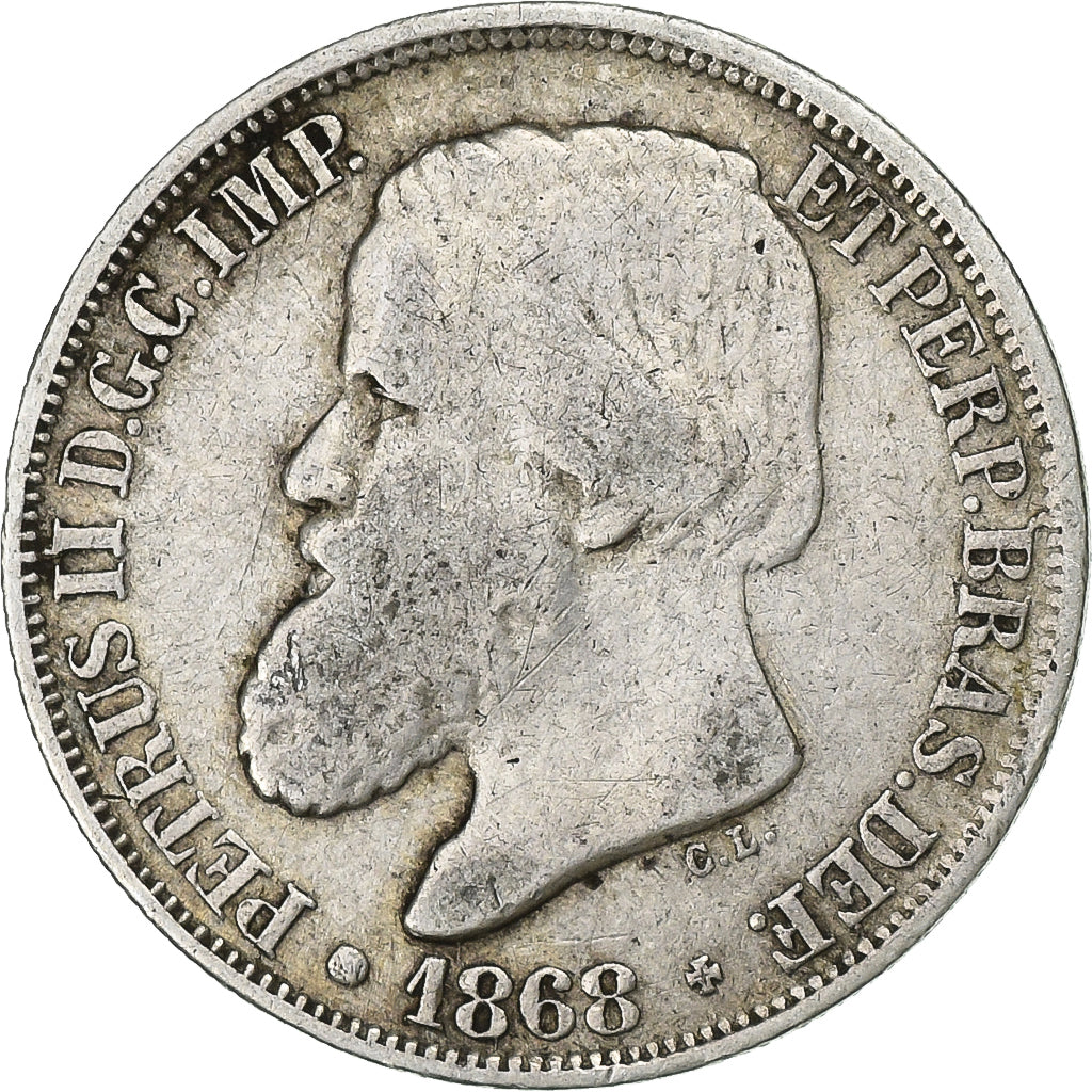 Brasile, Pedro II, 200 Reis, 1868, Rio de Janeiro, Argento, MB+, KM:471