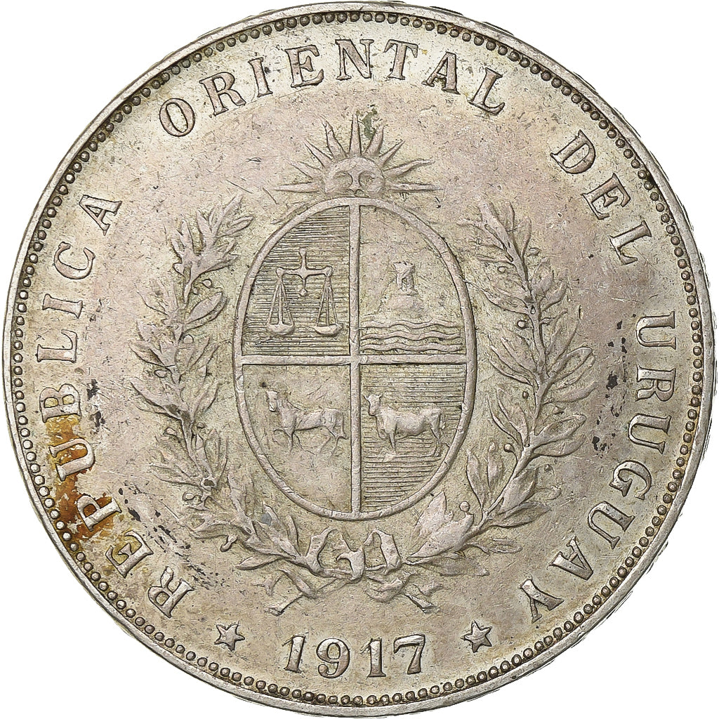Uruguay, 50 Centesimos, 1917, Santiago, Silver, EF(40-45), KM:22
