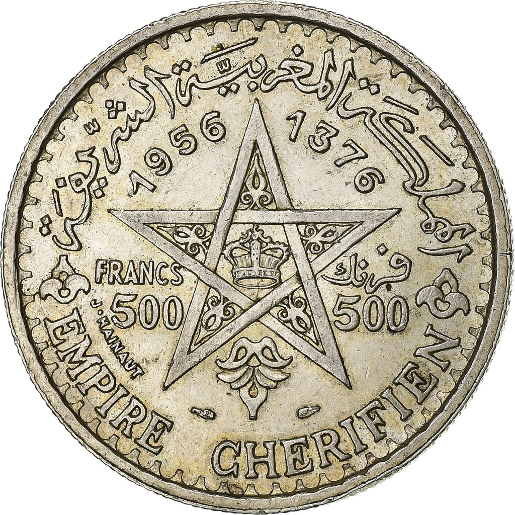 Morocco, Mohammed V, 500 Francs, 1956/AH1376, Paris, Silver, AU(50-53), KM:54