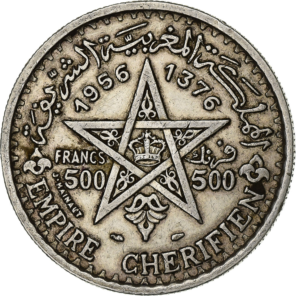 Morocco, Mohammed V, 500 Francs, 1956/AH1376, Paris, Silver, EF(40-45), KM:54