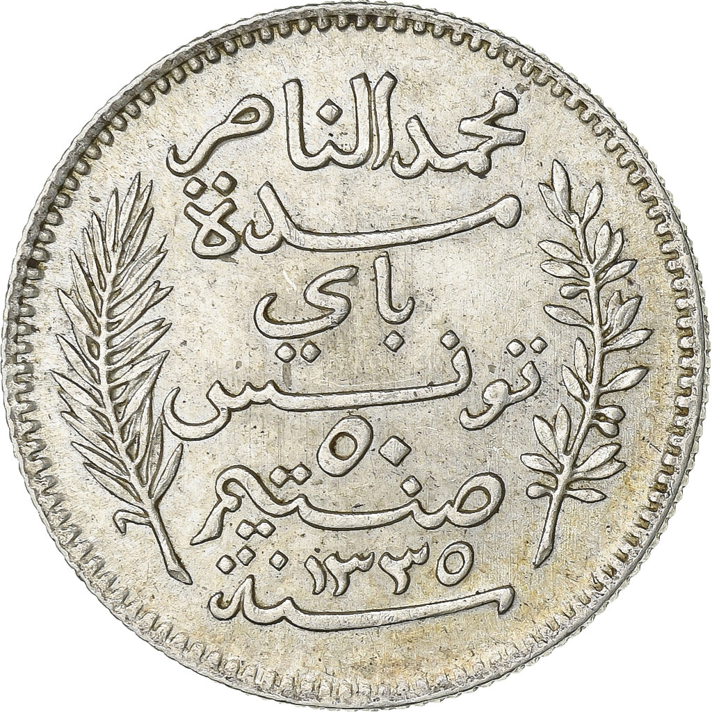 Tunisië, Muhammad al-Nasir Bey, 50 Centimes, 1916, Paris, Zilver, ZF+, KM:237