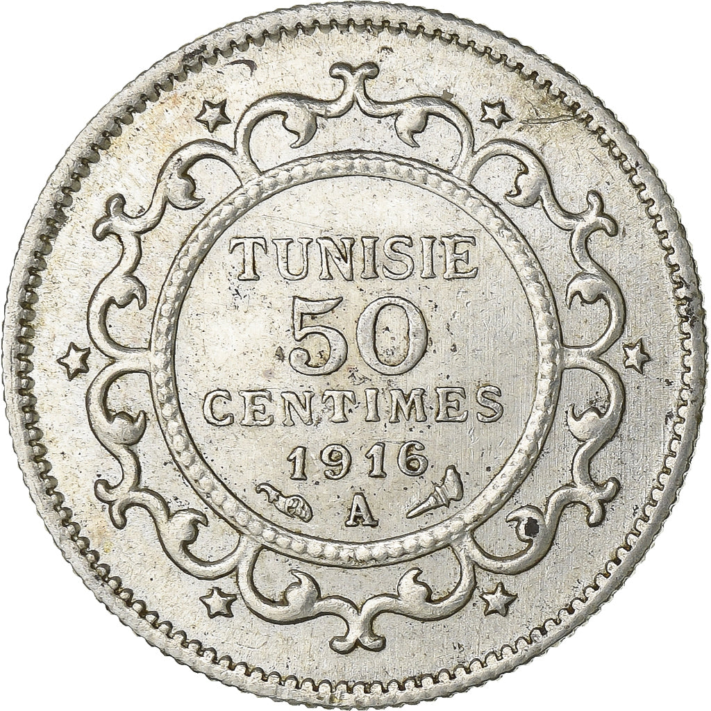 Tunisië, Muhammad al-Nasir Bey, 50 Centimes, 1916, Paris, Zilver, ZF+, KM:237